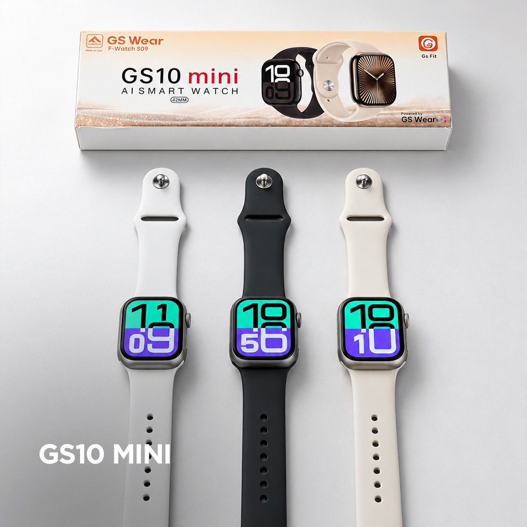Smartwatch GS10 Mini nas cores prata, preto e starlight